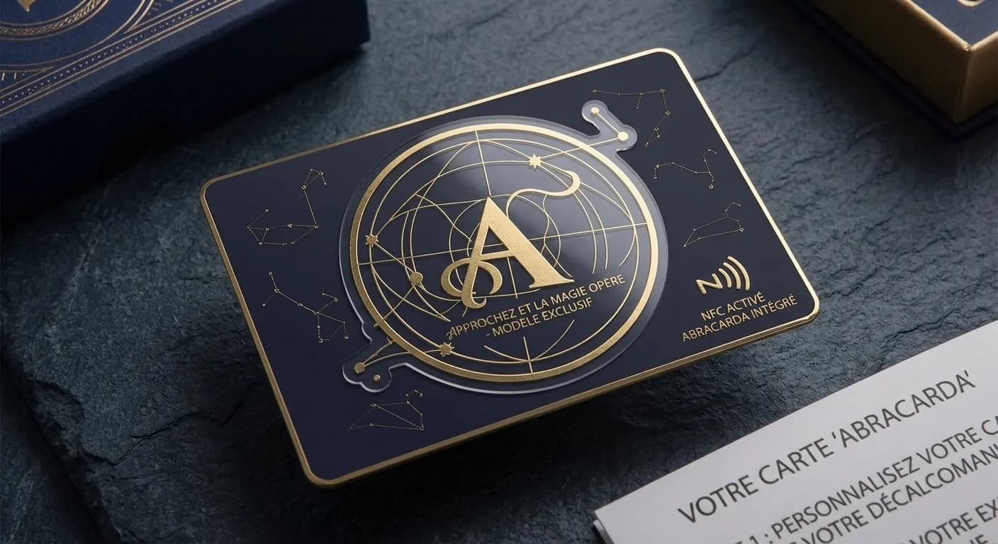 Carte de visite NFC Abracarda posée sur une ardoise, avec son coffret et sa notice.