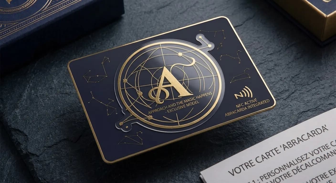 Abracarda NFC business card on slate, with its box and instruction card.